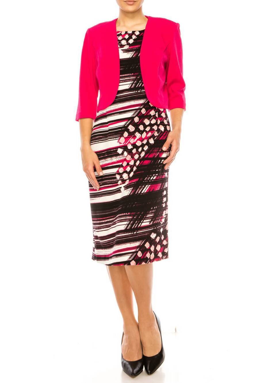 NEW MAYA BROOKE abstract print 3/4 sleeve jacket dress in fuchsia